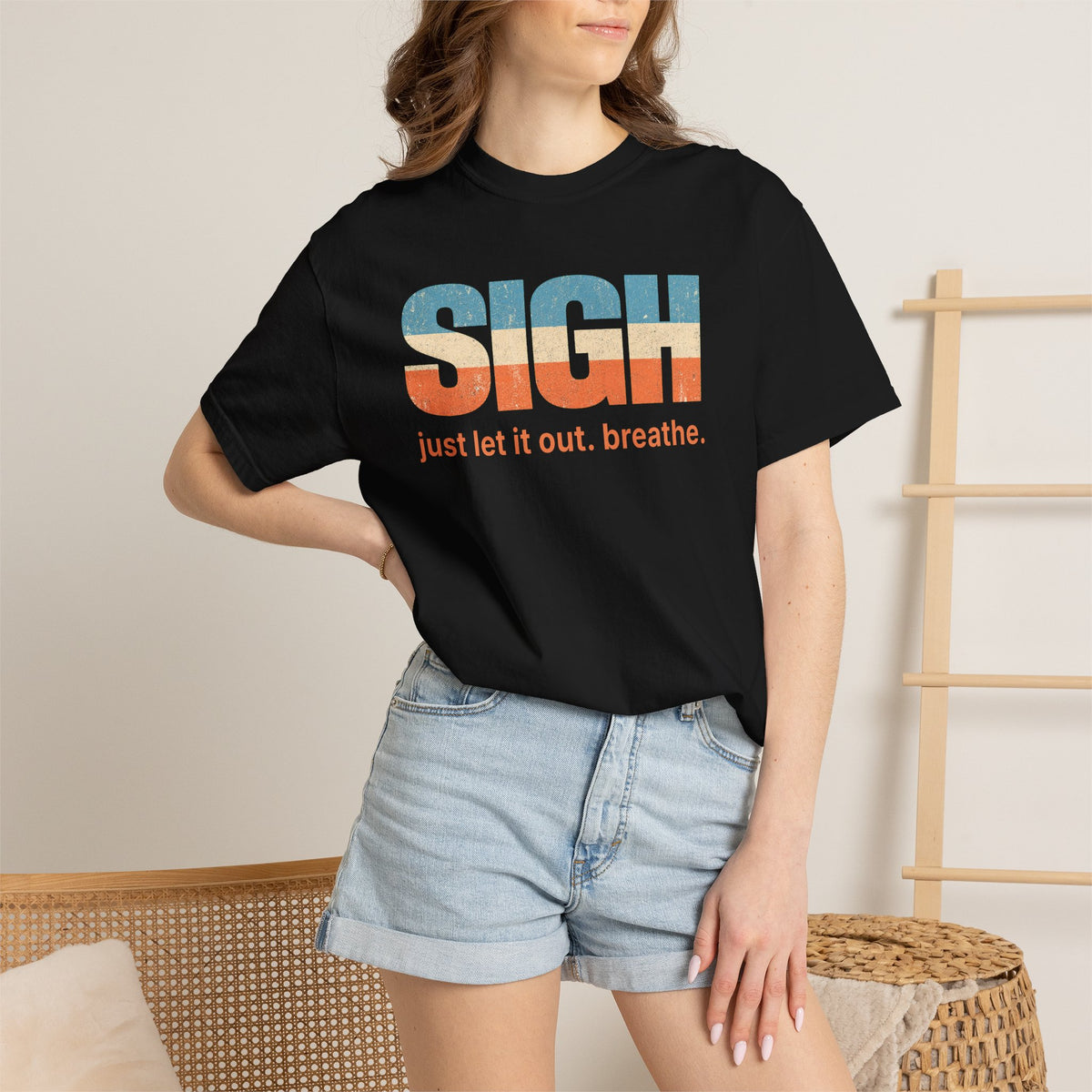 SIGH Graphic Tee — "Just Let It Out. Breathe." Relaxed Retro Stripe Shirt