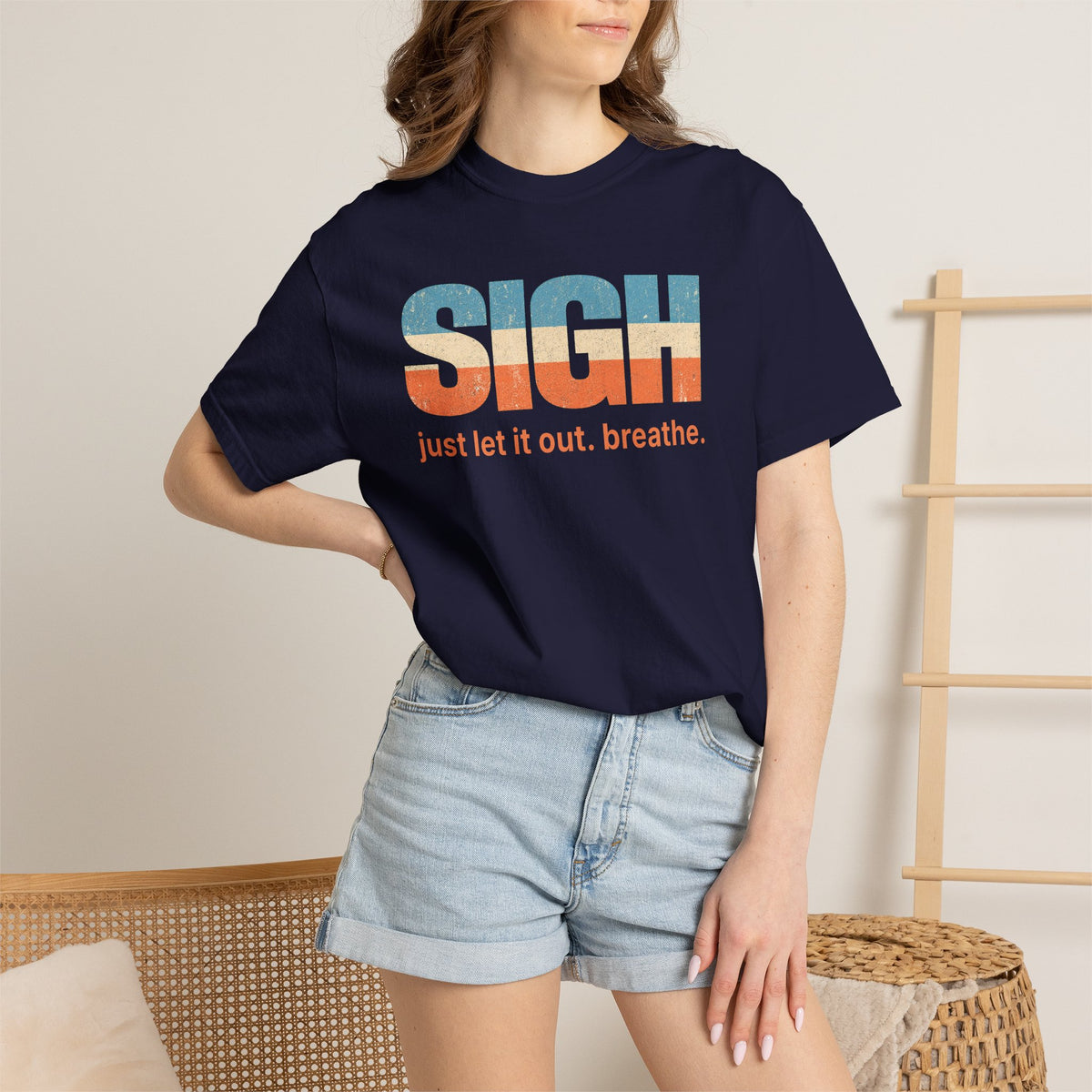 SIGH Graphic Tee — "Just Let It Out. Breathe." Relaxed Retro Stripe Shirt